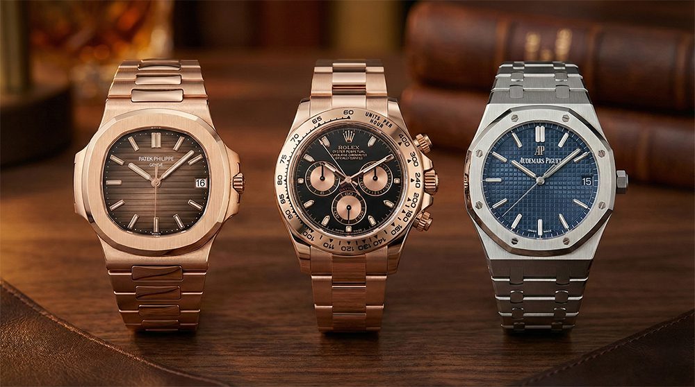 Tri ikonična luksuzna sportska sata poređana na stolu