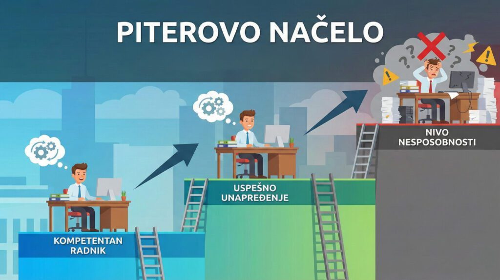 Ilustracija Piterovo načelo prikazuje karijerni napredak od kompetentnog radnika preko uspe&scaron;nog unapređenja do nivoa nesposobnosti, gde zaposleni postaje preopterećen i pod stresom.