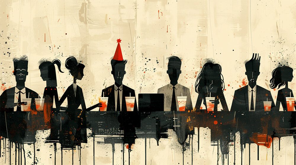 Ilustracija silueta kancelarijskih radnika za &scaron;ankom, sa ča&scaron;ama u rukama.